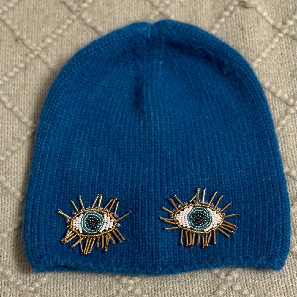 Unique OOAK Handmade Blue Wool Beaded Evil Eye Beanie Hat - Picture 2 of 9